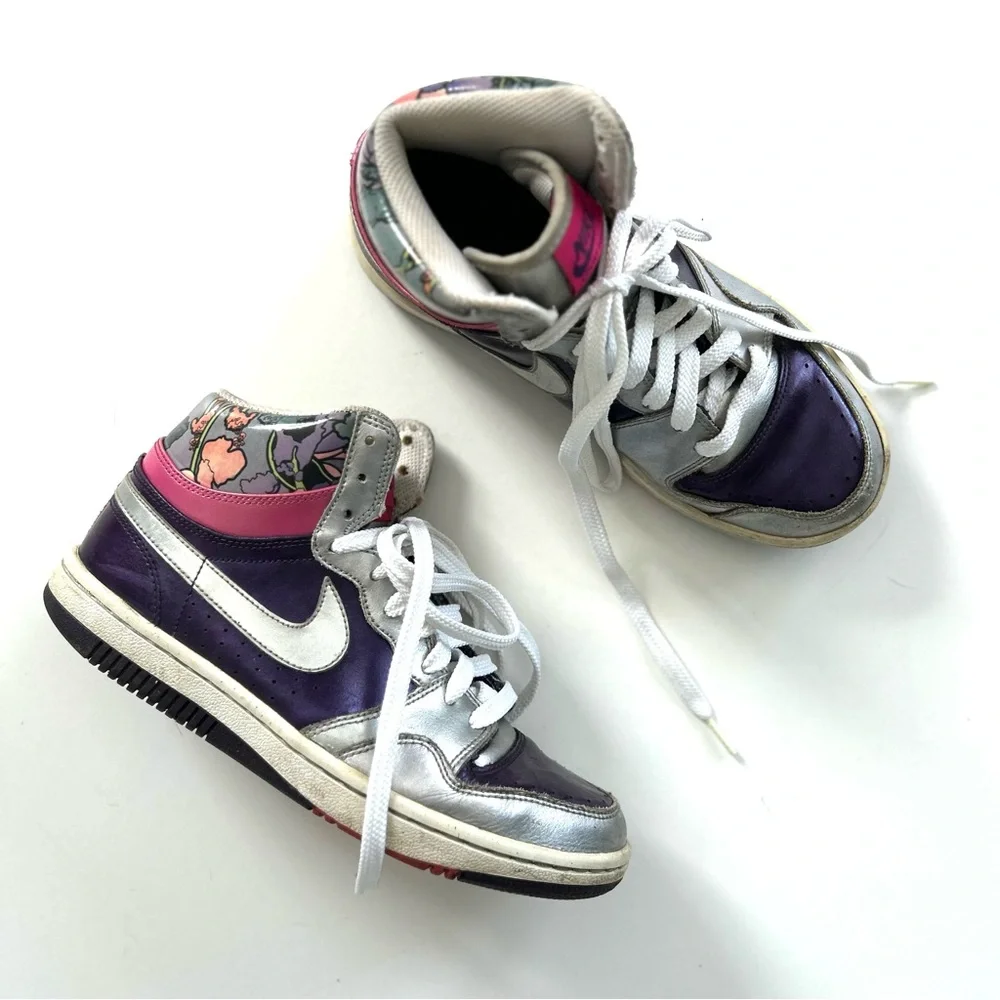Nike Silver, Pink, Purple Floral Print Court Force Hi Top Sneaker Shoes